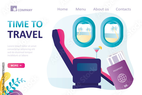 Time to travel, landing page template. Interior of comfortable business class in airplane. Vacation in exotic countries. View from portholes of plane on tropical beach. Exciting trips abroad.