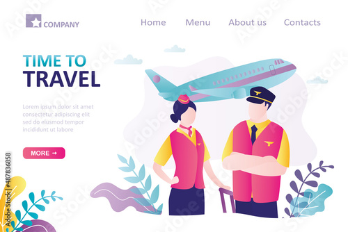 Time to travel, landing page template. Modern airplane takeoff. Vacation in exotic countries. Cabin crew. Flight attendants, close up view. Exciting trips abroad.