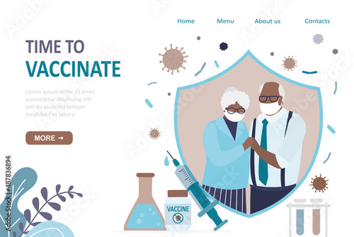 African american old people protected from viruses, diseases. Grandparent vaccinated against covid-19. Concept of vaccination, landing page. Elderly couple in medical masks.