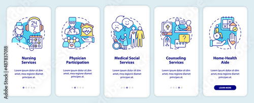 Provided services of hospice care onboarding mobile app screen. Walkthrough 5 steps graphic instructions pages with linear concepts. UI, UX, GUI template. Myriad Pro-Bold, Regular fonts used