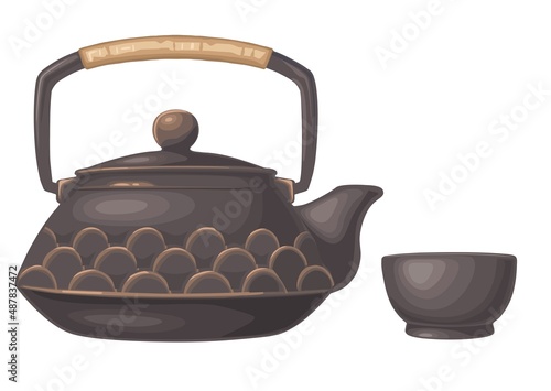 Traditional asian kettle with pattern and cup. Vector color realistic illustration