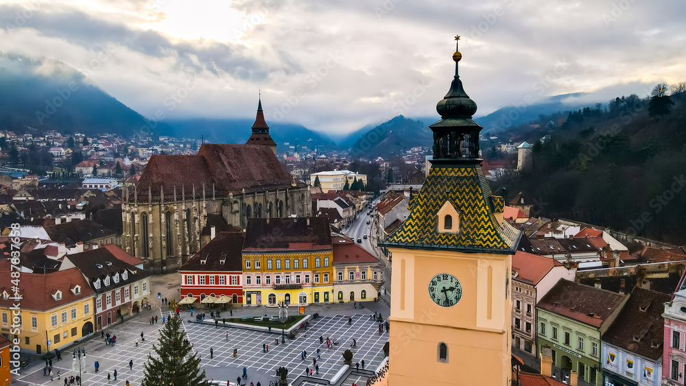 Aerial drone view of The Council Square decorated for Christmas in Brasov, Romania