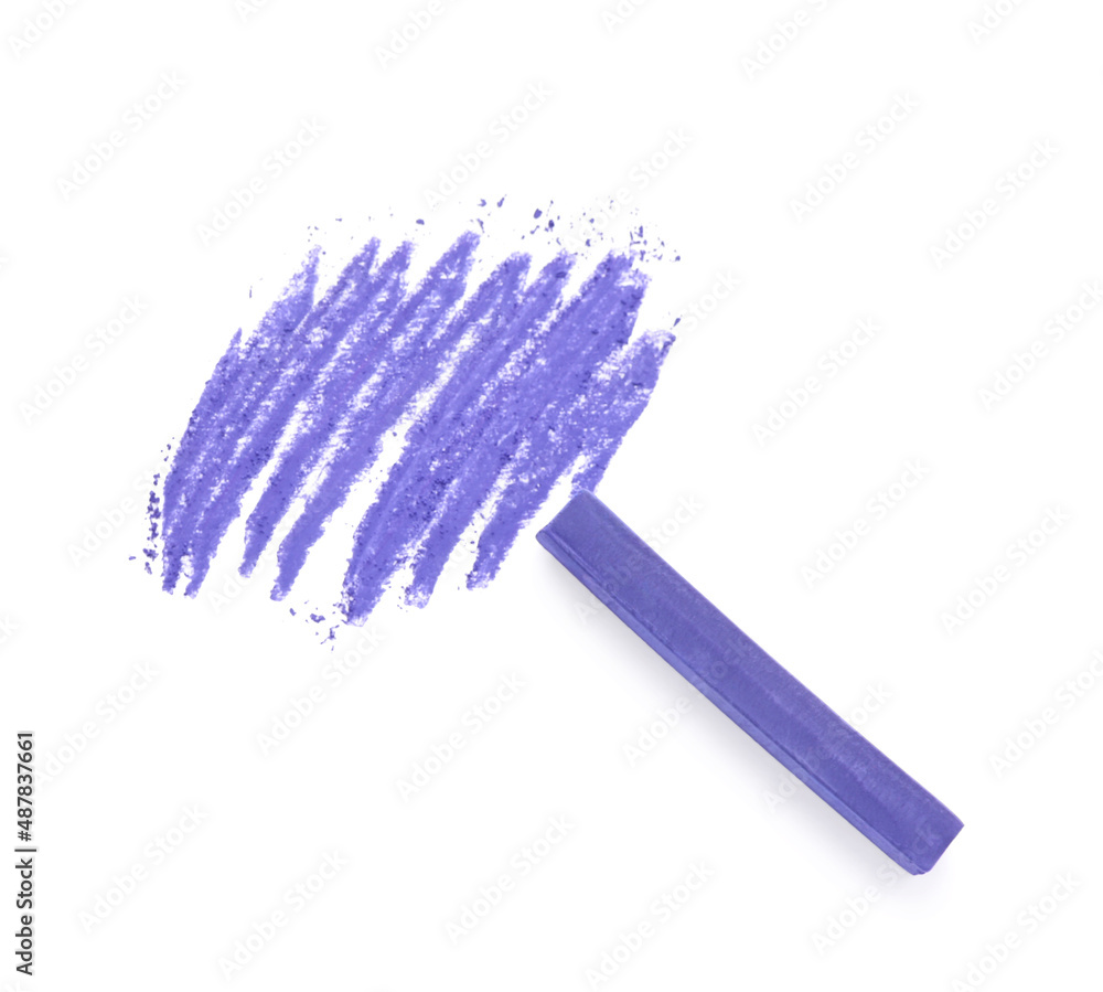 Violet pastel chalk on sheet of paper with scribble, top view. Drawing material Violet pastel chalk on sheet of paper with scribble, top view. Drawing material