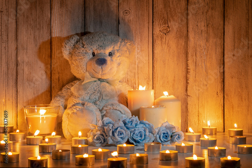 Fotografie TEDDY BEAR, ROSES AND CANDLES