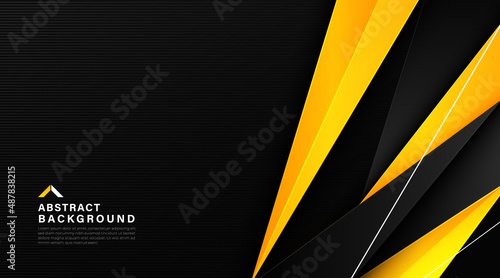 Abstract black wide horizontal background with orange and yellow gradient triangles geometric shapes. Modern simple polygon template design. Futuristic geometric shapes graphic concept