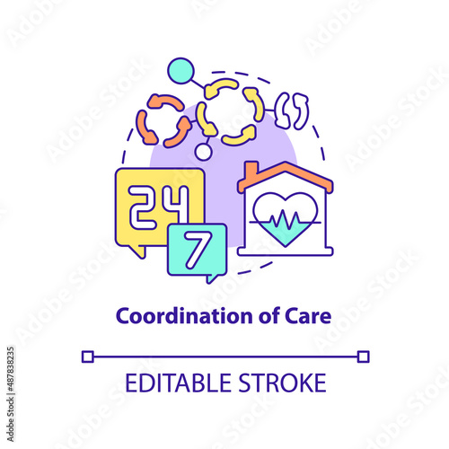 Coordination of care concept icon. Continual help. Hospice service for patient abstract idea thin line illustration. Isolated outline drawing. Editable stroke. Arial, Myriad Pro-Bold fonts used