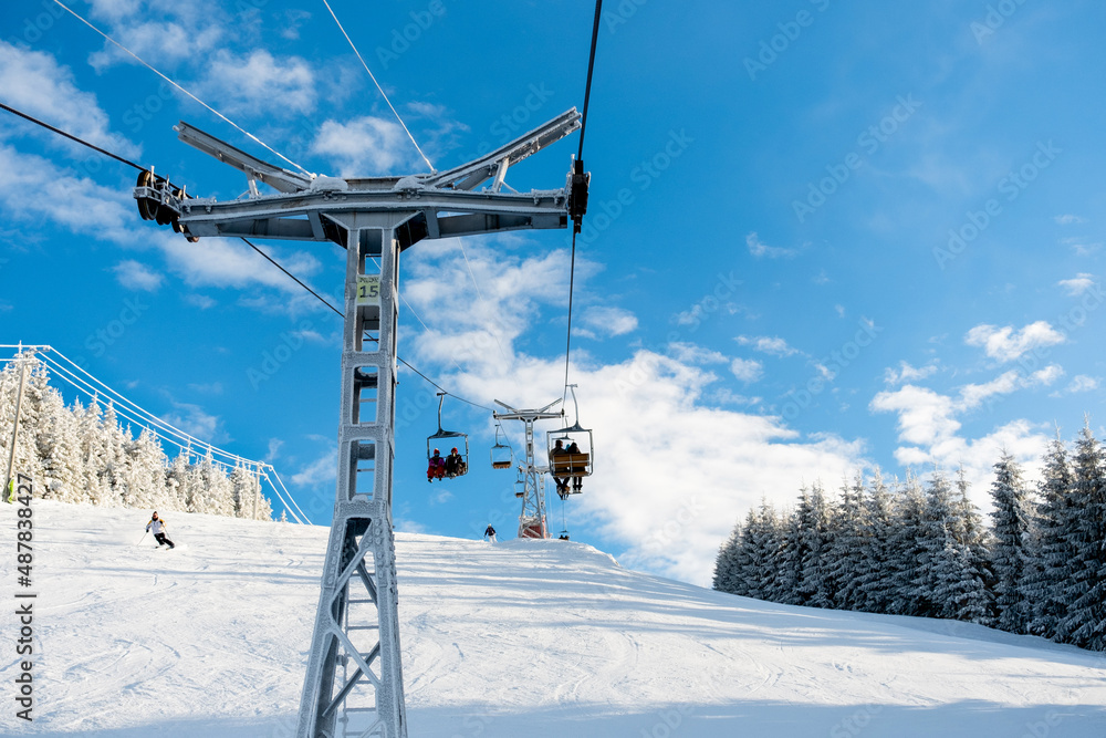 Cable car in the Carpathians in winter, Romania
