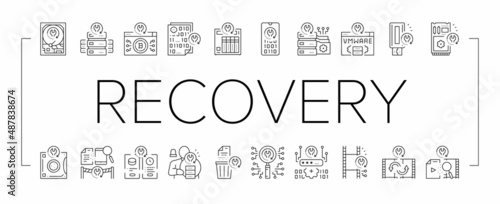 Data Recovery Computer Processing Icons Set Vector .