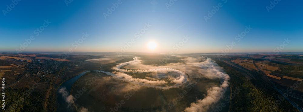 Aerial drone panoramic view of the nature of Moldova at sunrise