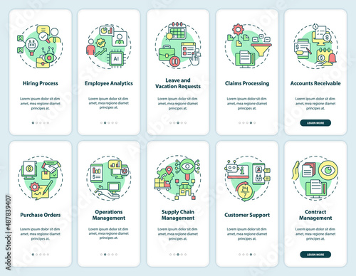 Business process and banking automation onboarding mobile app screen set. Walkthrough 5 steps graphic instructions pages with linear concepts. UI, UX, GUI template. Myriad Pro-Bold, Regular fonts used