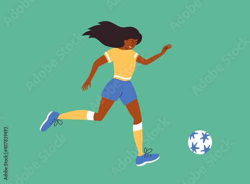 Women football match vector illustration. Female soccer player on green football field. Young woman in sport wear running to kicks ball. Womens soccer team training. Athlete girl playing exercising