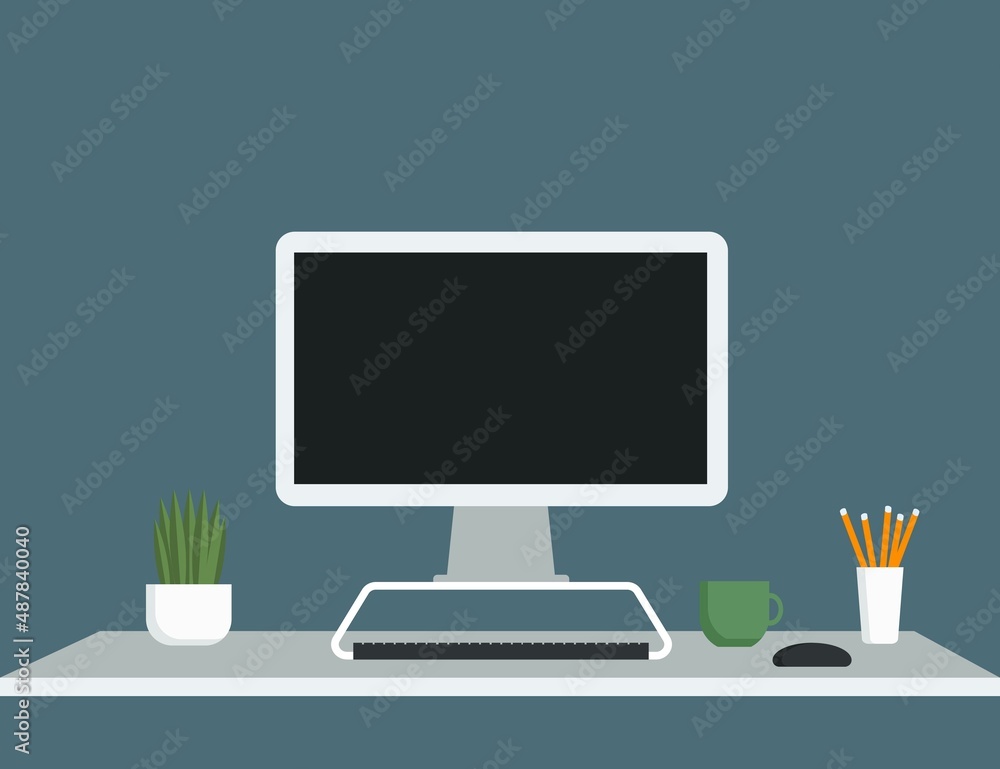 Office Workplace Computer with White Blank Empty Screen. 3d Render. Office Workplace Computer with White Blank Empty Screen. 3d Render.
