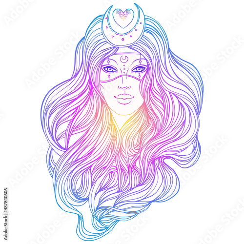 Moon princess. Tribal Fusion Boho Diva. Beautiful divine girl with crescent tiara and venetian mask. Bohemian goddess. Hand drawn elegant illustration.