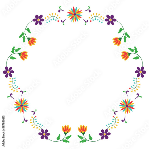 Round frame with flower design. Style of traditional Mexican embroidery Otomi.
