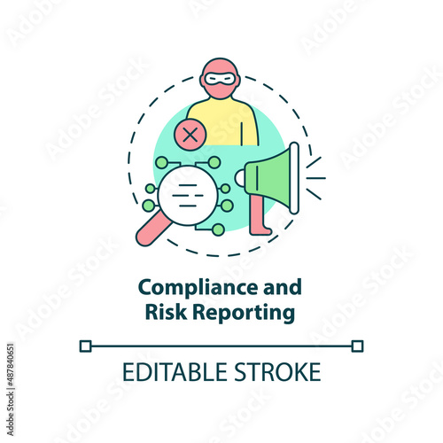 Compliance and risk reporting concept icon. Cybersecurity. Automated banking abstract idea thin line illustration. Isolated outline drawing. Editable stroke. Arial, Myriad Pro-Bold fonts used