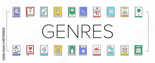 Literary Genres Books Collection Icons Set Vector .