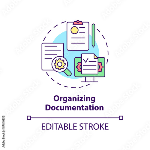 Organizing documentation concept icon. Benefits of BPA in banking abstract idea thin line illustration. Isolated outline drawing. Editable stroke. Arial, Myriad Pro-Bold fonts used