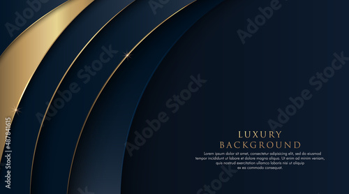 Dark blue abstract curve background with glitter golden lines. Luxury and elegant style template. Modern simple geometric pattern design. Suit for cover, poster, brochure, banner, website.