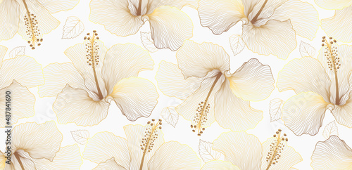 Luxury hibiscus seamless pattern background vector. Elegant golden hibiscus flower lines art design. Suit for wedding, backdrop, wallpaper, banner, card, cover, texture. Vector illustration