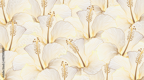 Luxury gold hibiscus pattern on white background. Golden flowers line arts design. Tropical floral texture decoration. Luxury and elegant hand drawn golden hibiscus graphic elements.