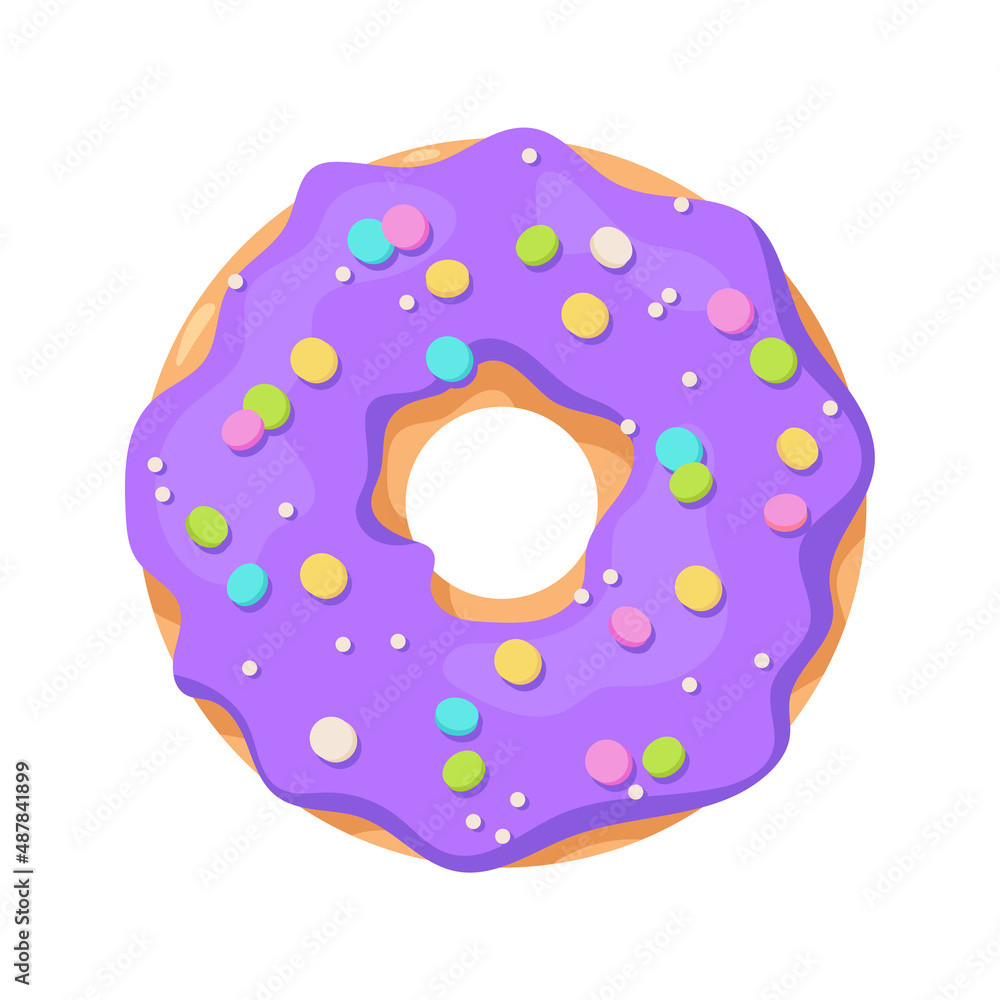 Colorful glazed donut isolated on white background. View from above. Vector illustration in cartoon flat style Colorful glazed donut isolated on white background. View from above. Vector illustration in cartoon flat style