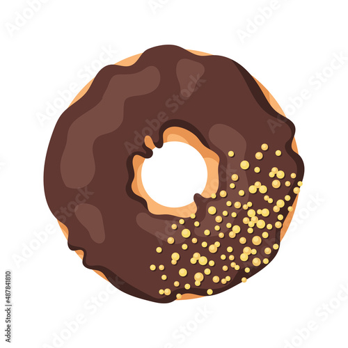 Colorful chocolate glazed donut isolated on white background. View from above. Vector illustration in cartoon flat style