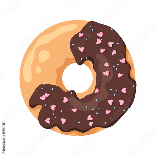 Colorful chocolate glazed donut isolated on white background. View from above. Vector illustration in cartoon flat style