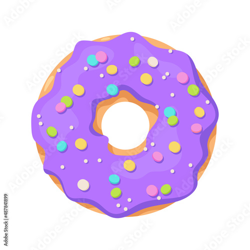 Colorful glazed donut isolated on white background. View from above. Vector illustration in cartoon flat style