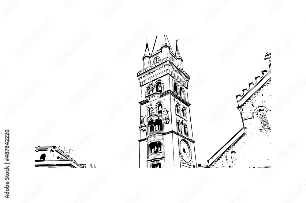 Building view with landmark of Messina is the 
city in Italy. Hand drawn sketch illustration in vector.