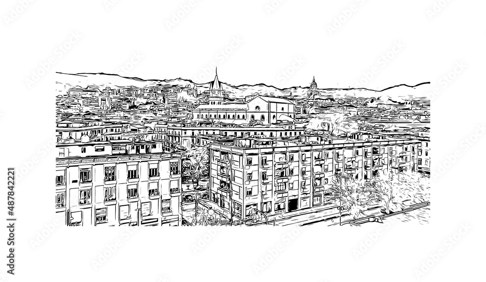 Building view with landmark of Messina is the 
city in Italy. Hand drawn sketch illustration in vector.