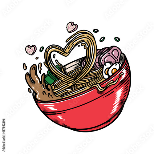 vector illustration of delicious japanese ramen noodle on bowl with vintage retro flat style