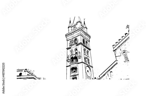 Building view with landmark of Messina is the city in Italy. Hand drawn sketch illustration in vector.