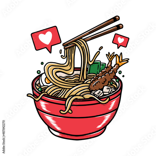 vector illustration of delicious japanese ramen noodle on bowl with vintage retro flat style