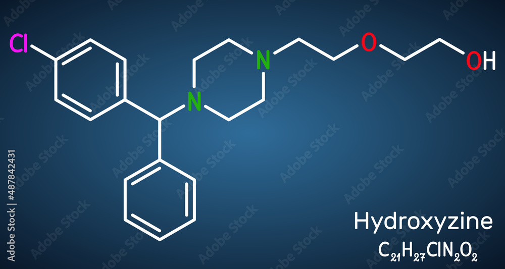 Hydroxyzine molecule. It is antihistamine drug, used to treat anxiety and tension, as well as  pruritus and chronic urticaria. Structural chemical formula on the dark blue background.