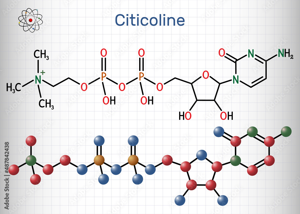 Citicoline, CDP-choline, cytidine diphosphate-choline molecule. It is used as a nutritional supplement. Structural chemical formula and molecule model. Sheet of paper in a cage