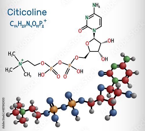 Citicoline, CDP-choline, cytidine diphosphate-choline molecule. It is used as a nutritional supplement. Structural chemical formula and molecule model.