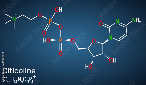 Citicoline, CDP-choline, cytidine diphosphate-choline molecule. It is used as a nutritional supplement. Structural chemical formula on the dark blue background