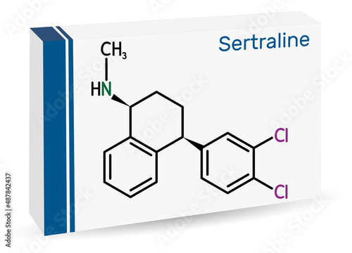 Sertraline molecule. It is antidepressant, used to treat depressive disorder, social anxiety disorder, other psychiatric conditions.. Skeletal chemical formula. Paper packaging for drugs.