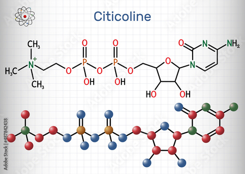Citicoline, CDP-choline, cytidine diphosphate-choline molecule. It is used as a nutritional supplement. Structural chemical formula and molecule model. Sheet of paper in a cage