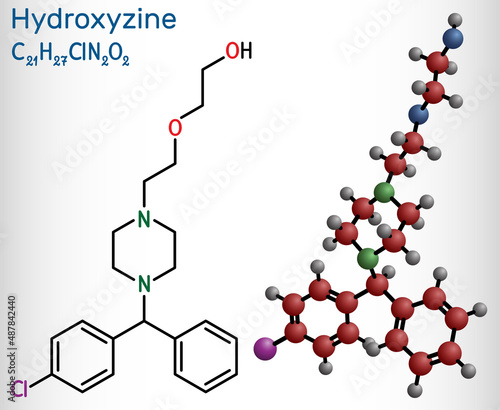 Hydroxyzine molecule. It is antihistamine drug, used to treat anxiety and tension, as well as  pruritus and chronic urticaria. Structural chemical formula, molecule model.