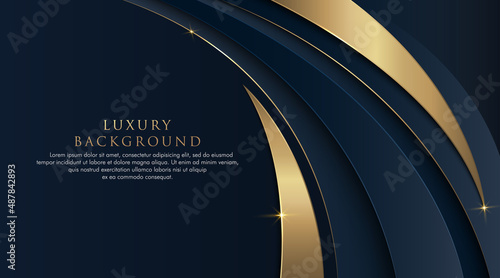 Dark blue abstract curve shape background with glitter golden lines. Luxury and elegant style template design. Modern simple geometric pattern element. Suit for poster, brochure, banner, presentation