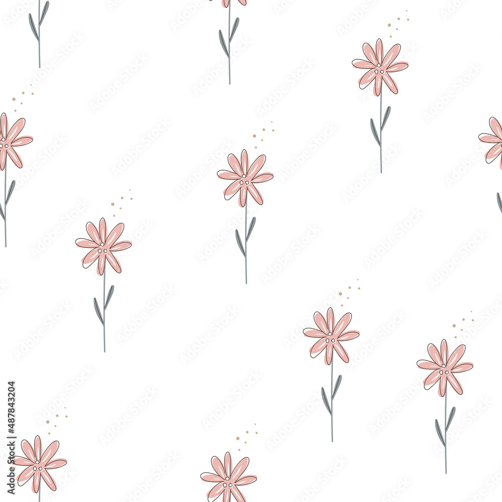 Seamless pattern with pink field flower on white background in cartoon ...
