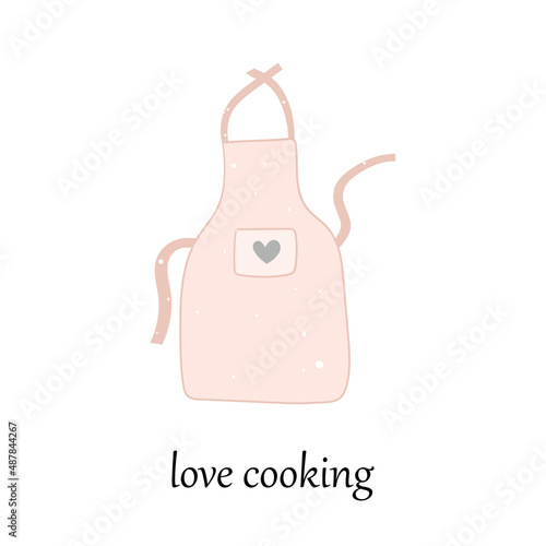 Illustration pink kitchen apron with heart on white background in cartoon style