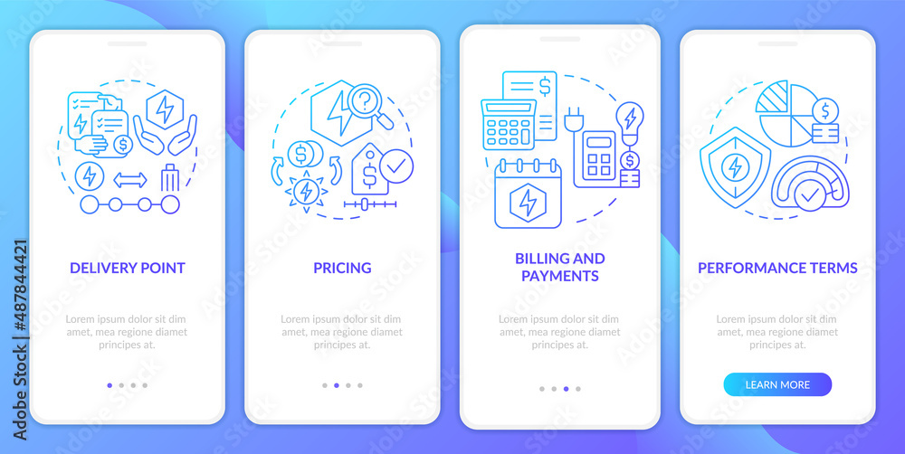 PPA sales blue gradient onboarding mobile app screen. Commercial terms walkthrough 4 steps graphic instructions pages with linear concepts. UI, UX, GUI template. Myriad Pro-Bold, Regular fonts used