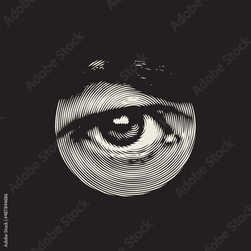 Abstract black and white banner with a wide-open human eye and eyebrow close-up in a round frame on a black background. Monochrome vector illustration in retro style. Serious gaze
