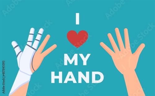 Vector illustration of the concept of love bionic hand. Prosthetic hand. 