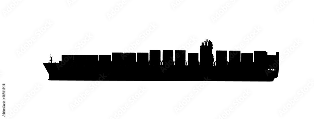 Container ship silhouette. Cargo vessel at sea. Black and white. Logistics import and export business