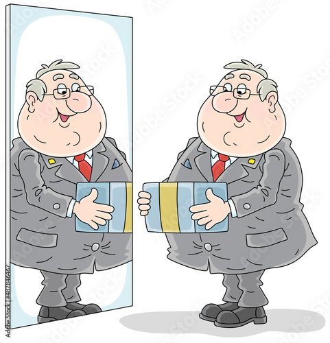 Happy fat businessman standing in front of a mirror with a gift box for himself, vector cartoon illustration on a white background