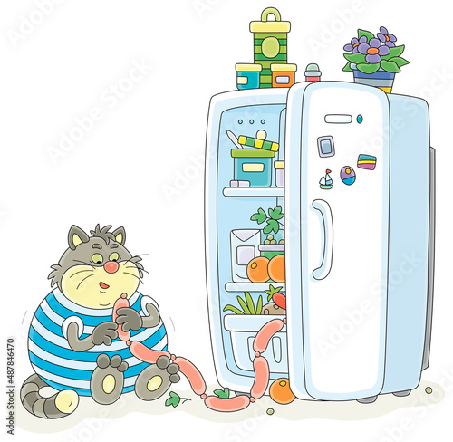 Funny fat cat glutton filching tasty sausages from a home fridge with foods, vector cartoon illustration isolated on a white background photo