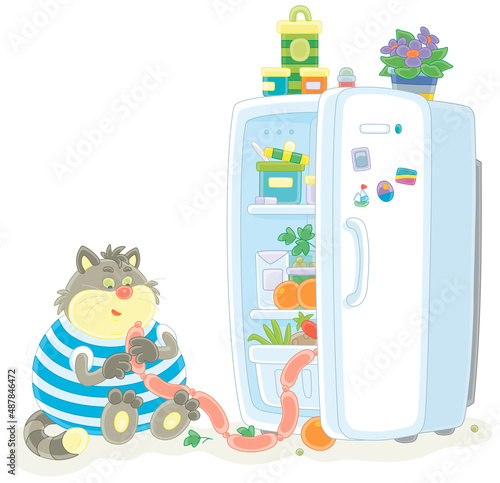 Funny fat cat glutton filching tasty sausages from a home fridge with foods, vector cartoon illustration isolated on a white background